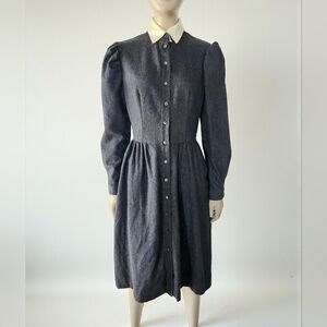 Vintage I Magnin Wool Collared Midi Dress Womens 6 Grey Wednesday Addams Gothic